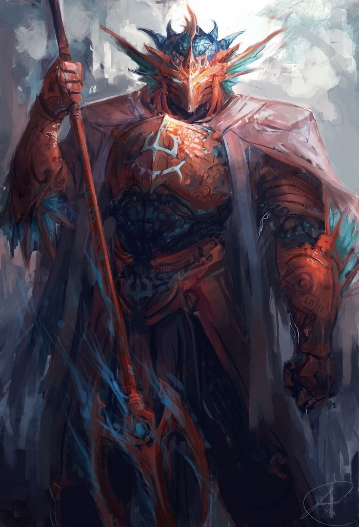 Knight in ornate armor holding a spear