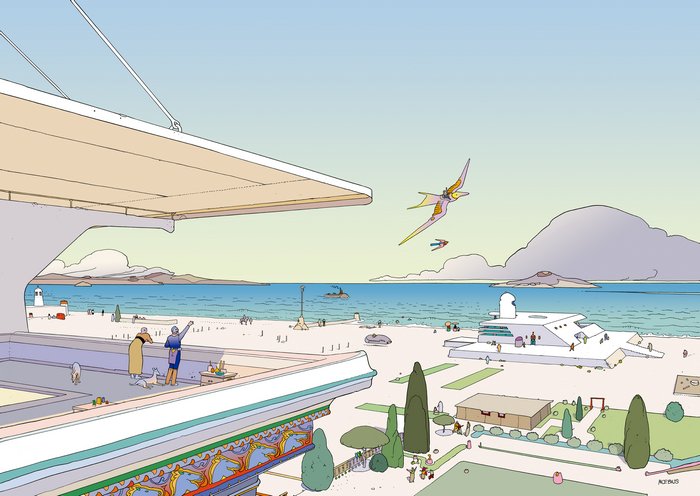 Mœbius comic artwork of a futuristic beach resort