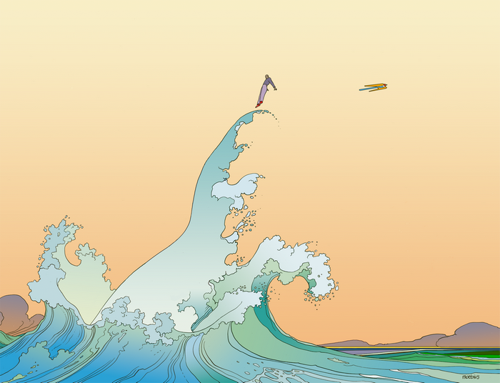Artwork by Mœbius featuring a man on a wave