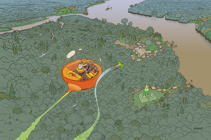 Mœbius artwork of a futuristic vehicle flying over a forest