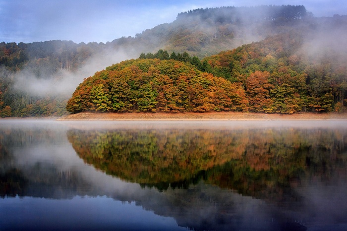 Autumn forest reflected in misty lake in Luxembourg