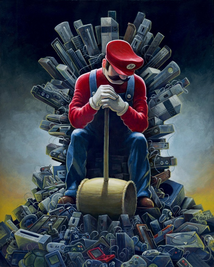 Mario Sitting on a Throne of Old Video Game Consoles