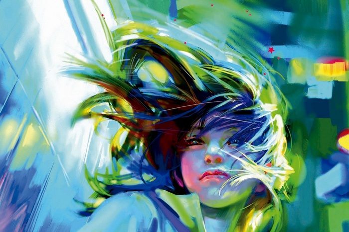 Artwork of a woman with windblown hair by Benjamin