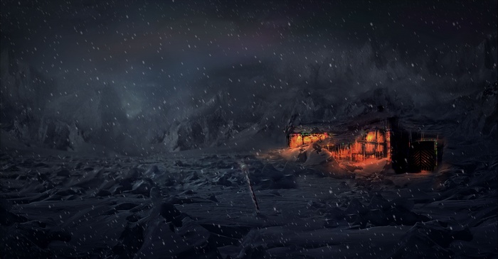 Digital art render of a snowy cabin at night
