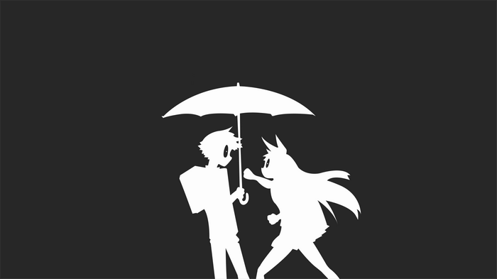 Anime couple sharing an umbrella