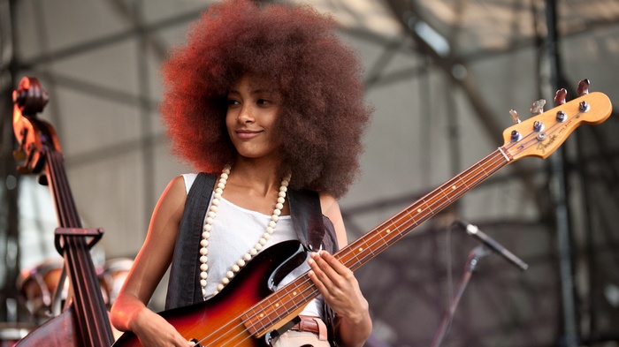 Esperanza Spalding plays a Fender bass guitar