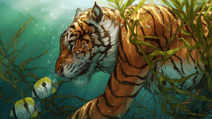 Tiger swimming underwater with fish and seaweed