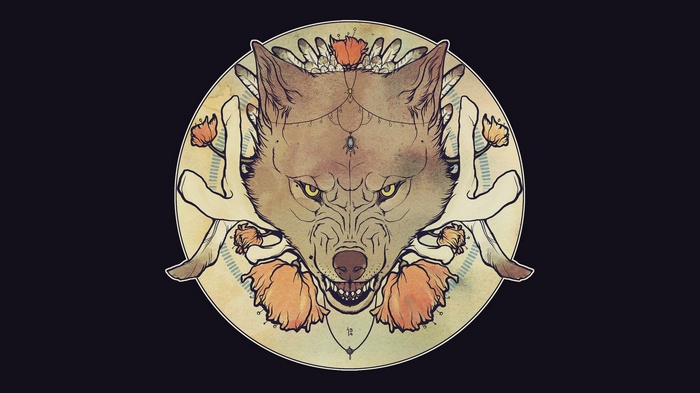 Stylized wolf head with hands and flowers