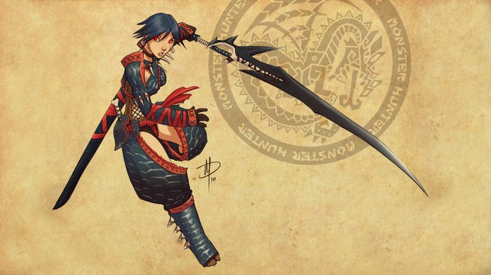 Monster Hunter Nargacuga armor female warrior with scythe