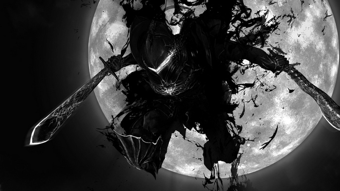 Berserker (Fate/Zero) with two swords in front of the moon
