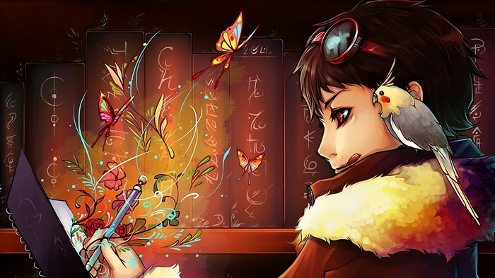 Anime girl with bird drawing butterflies and flowers