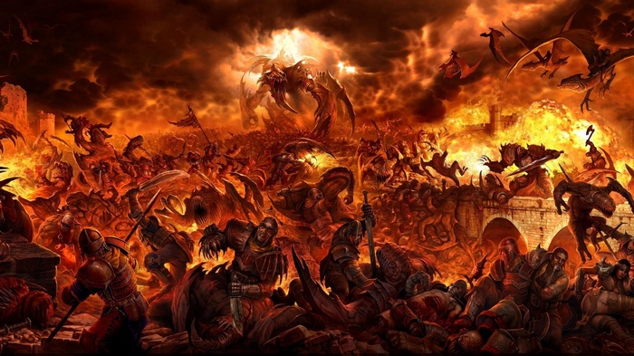 Fantasy battle with dragons and creatures in fire