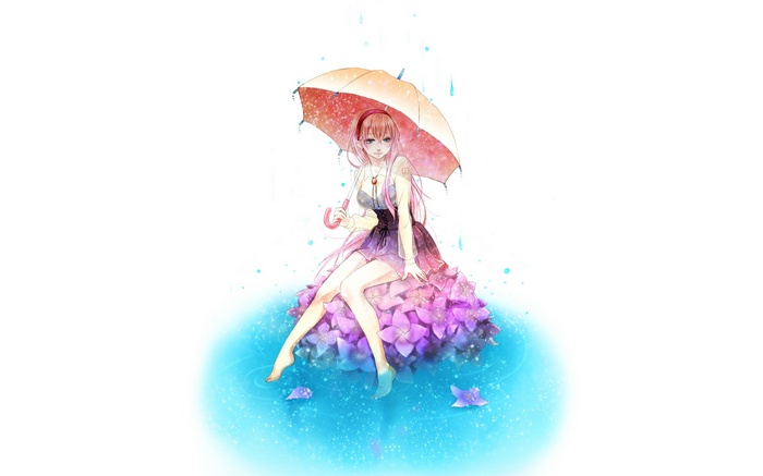 Megurine Luka sitting on flowers in the rain with an umbrella