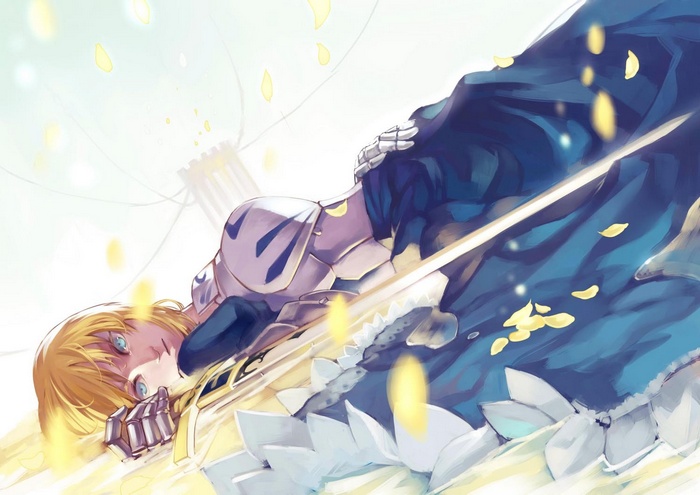 Saber in armor with a sword and petals