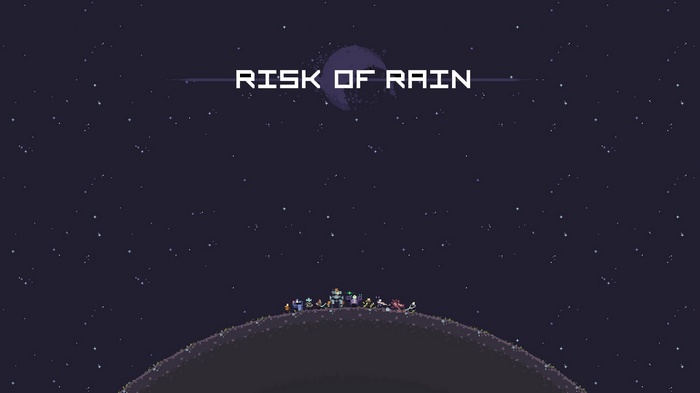 Risk of Rain title screen with characters on a planet