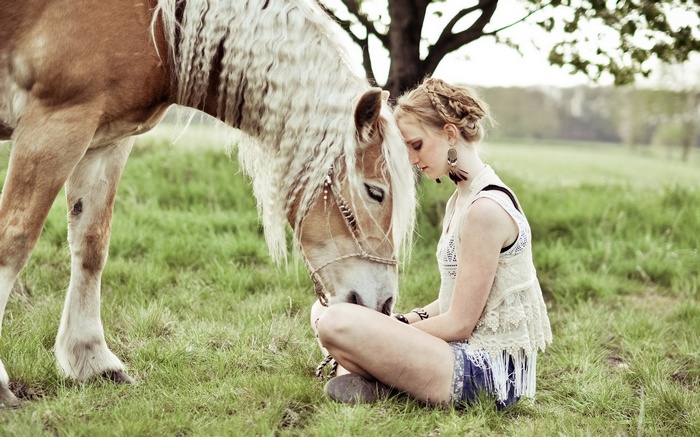 Woman with horse in a grassy field
