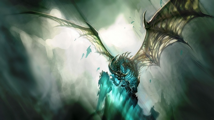 A skeletal dragon with glowing blue energy