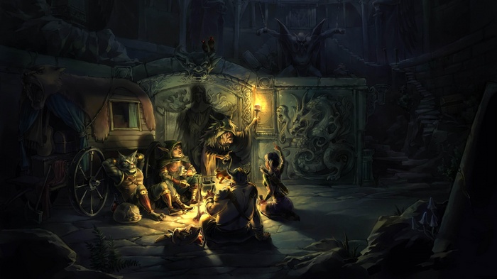 Fantasy adventurers gathered around a torch in a stone chamber