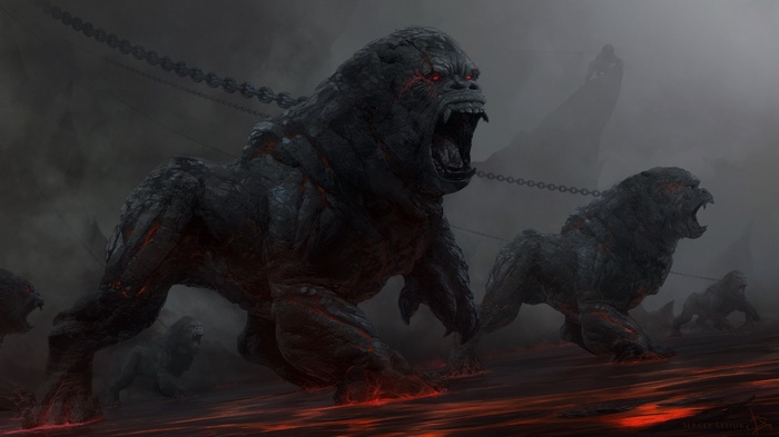 Monstrous apes chained in a fiery, foggy landscape