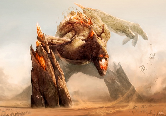 Giant rock monster with glowing eyes in a desert