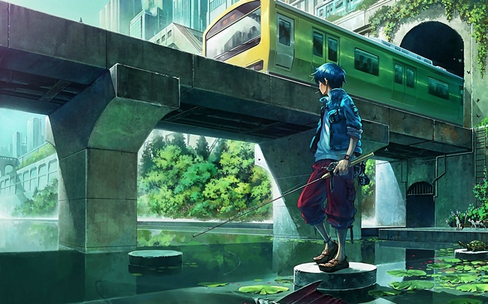 Anime boy fishing under a train bridge