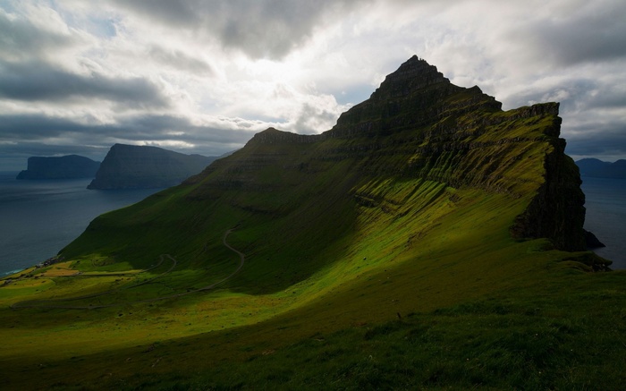 Faroe Islands landscape with mountains and sea
