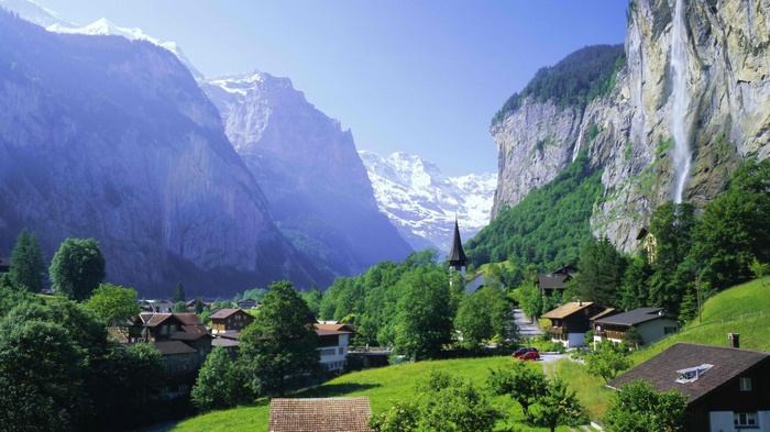 Lauterbrunnen Valley, Switzerland with mountains and waterfall