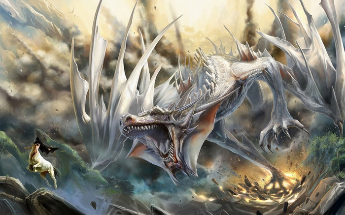 Fantasy art of a white dragon attacking