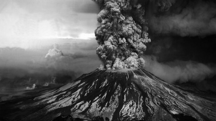 Mount St. Helens volcano erupting in monochrome