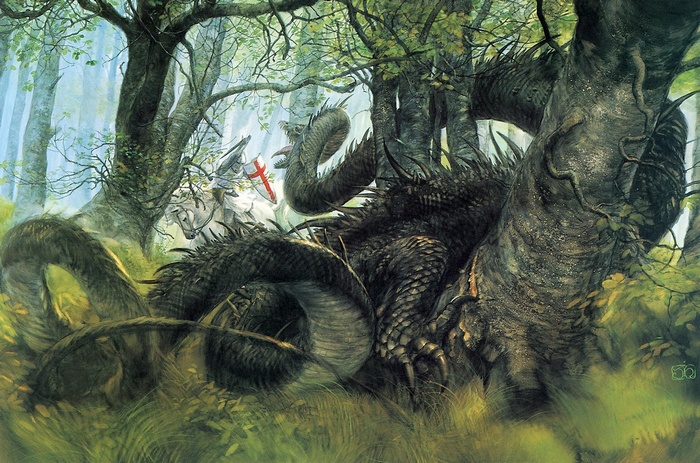 Knight fighting a dragon in a forest