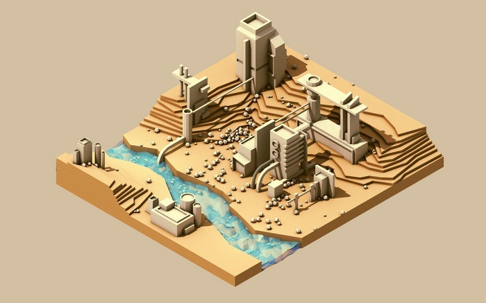 3D isometric diorama of a desert industrial complex with a river