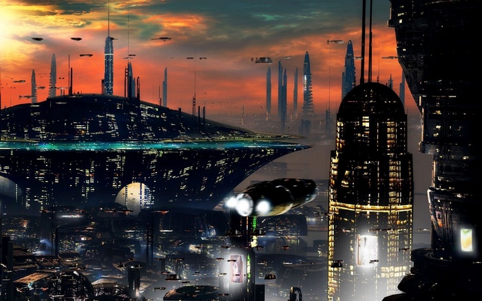 Futuristic cityscape with flying vehicles and skyscrapers at sunset