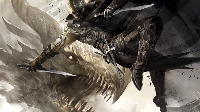 Guild Wars 2 artwork of a warrior riding a dragon