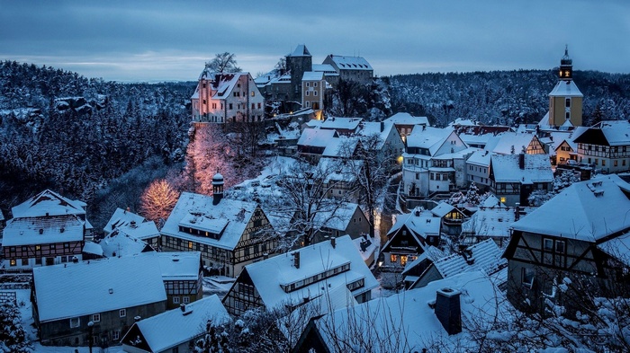Winter village with castle in Germany