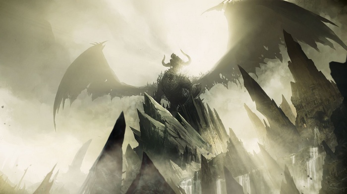 Dragon on rocky peaks with sun rays