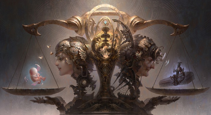 Steampunk scale with baby and coffin by Guangjian Huang