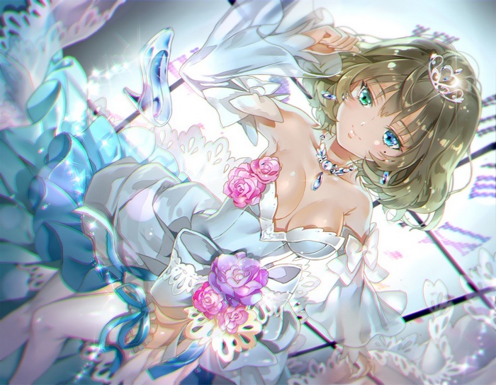 Anime girl in a white dress with a glass slipper