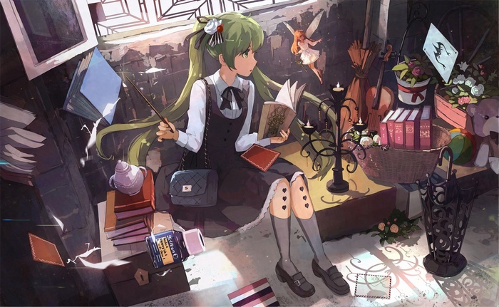Hatsune Miku reading a book with a fairy