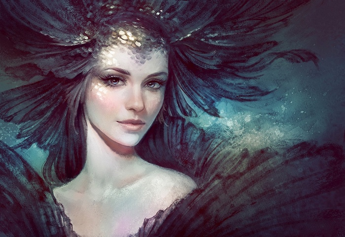 Fantasy art of a woman with dark feathers and scales