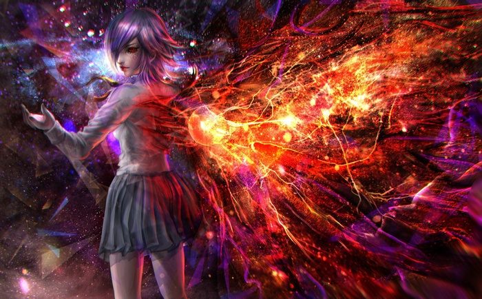 Touka Kirishima with fiery wings in space