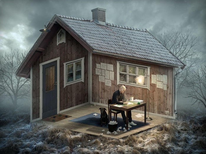 Erik Johansson's surreal house with a man writing and a dog