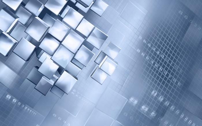 Abstract blue cubes and digital grid pattern
