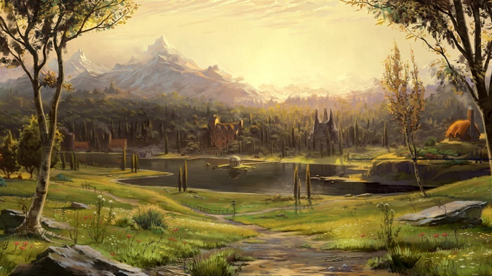 Fantasy landscape with mountains, lake, and buildings