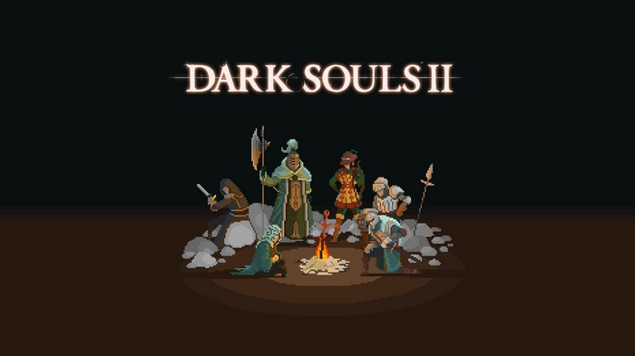 Dark Souls II pixel art characters around a bonfire