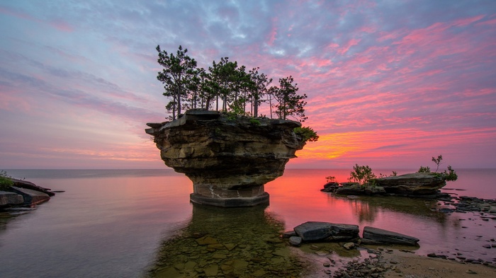 Rock island with trees at sunset over the sea
