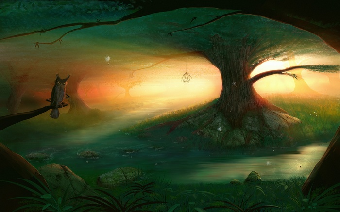 Fantasy forest with owl and spider web at sunset