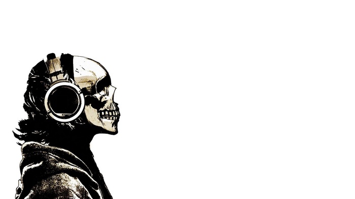 Skull wearing headphones and a hood