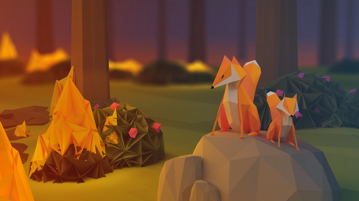 Low poly foxes in a forest with origami fire