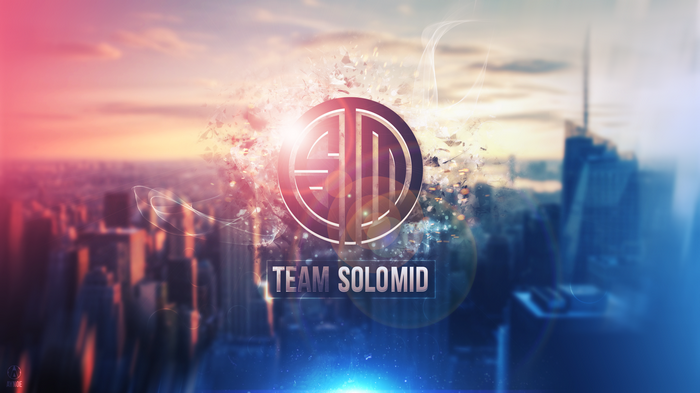 Team Solomid logo over a city skyline at sunset