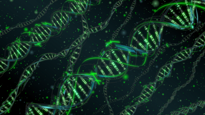 Abstract 3D CGI DNA strands with green digital elements